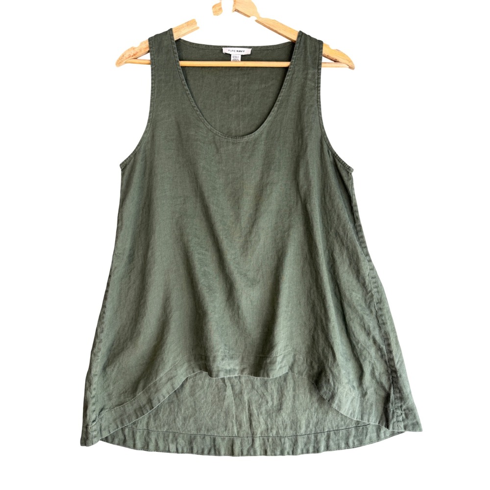 100% Linen Sharkbite Hem Tank Top Womens M Olive Green Lagenlook Earthy Coastal